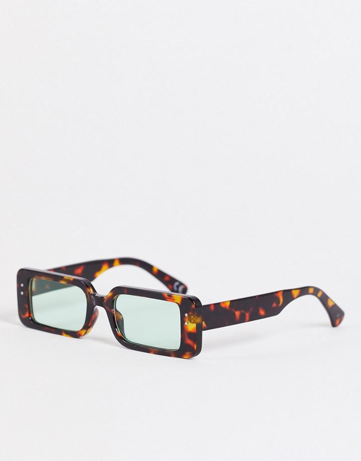 Asos Design Recycled Mid Rectangle Sunglasses With Green Lens In Brown Tortoiseshell