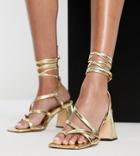 Topshop Wide Fit Nadia Block Heel Ankle Tie Sandal In Gold