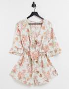 Asos Design Knot Front Ruffle Sleeve Romper In Vintage Floral-multi