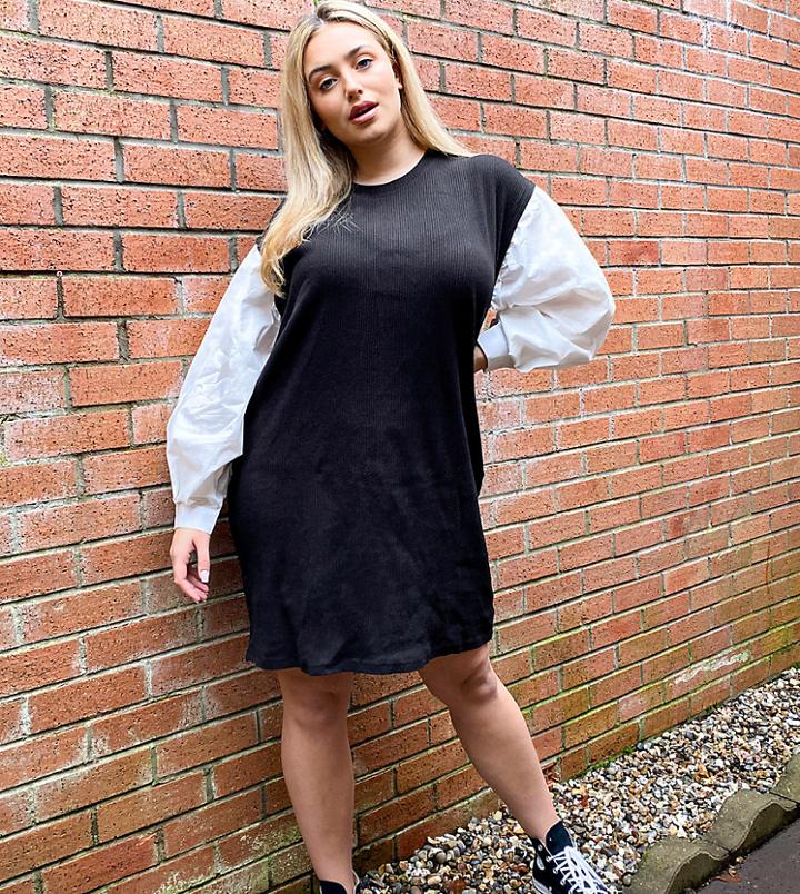 Vero Moda Curve Sweater Dress With Poplin Sleeves In Black-multi