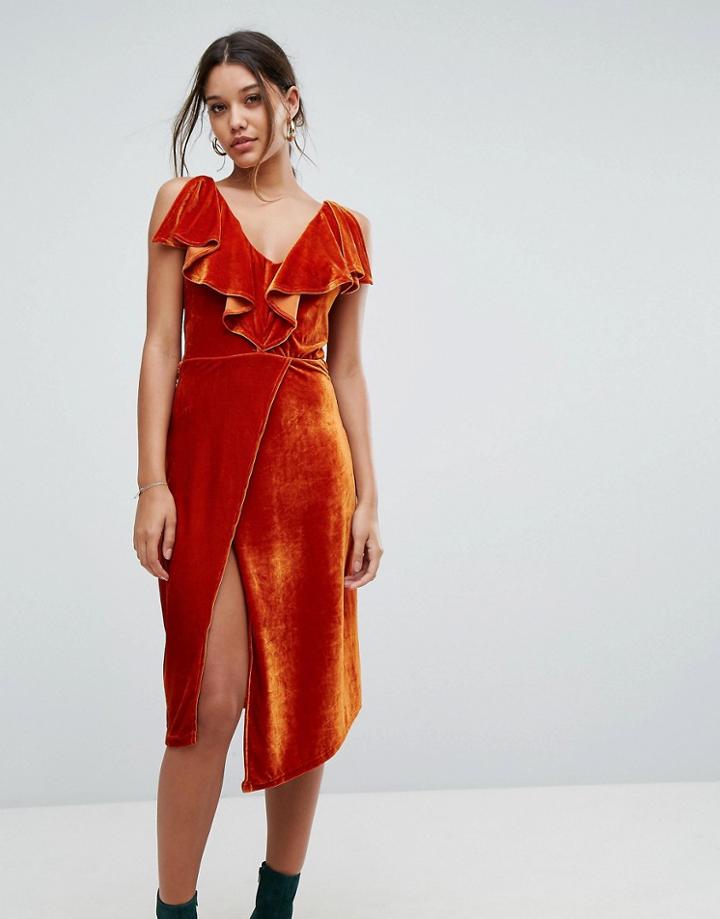 Aeryne Frill Detail Velvet Midi Dress - Orange