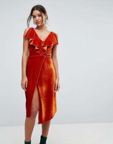 Aeryne Frill Detail Velvet Midi Dress - Orange