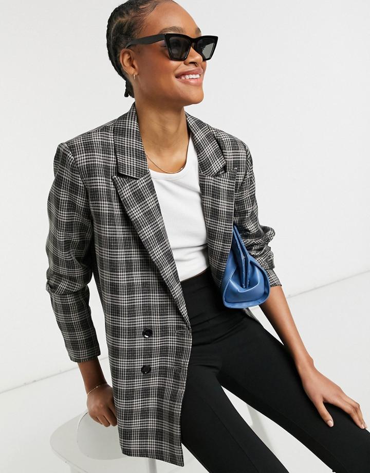 Urban Threads Oversized Double Breasted Blazer In Gray Check-black