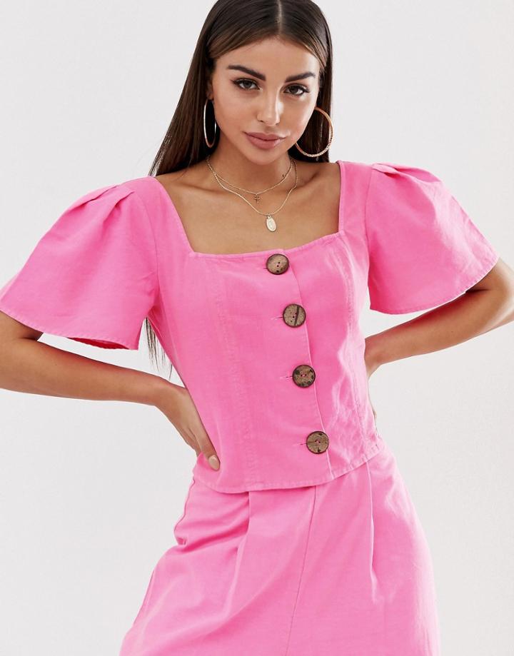 Asos Design Neon Crop Top With Button Through In Linen-pink