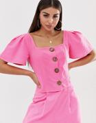 Asos Design Neon Crop Top With Button Through In Linen-pink