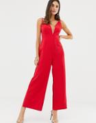 Asos Design Strappy Jumpsuit With Culotte Leg-red