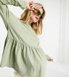 Asos Design Maternity Casual Smock Top With Long Sleeve In Sage Green