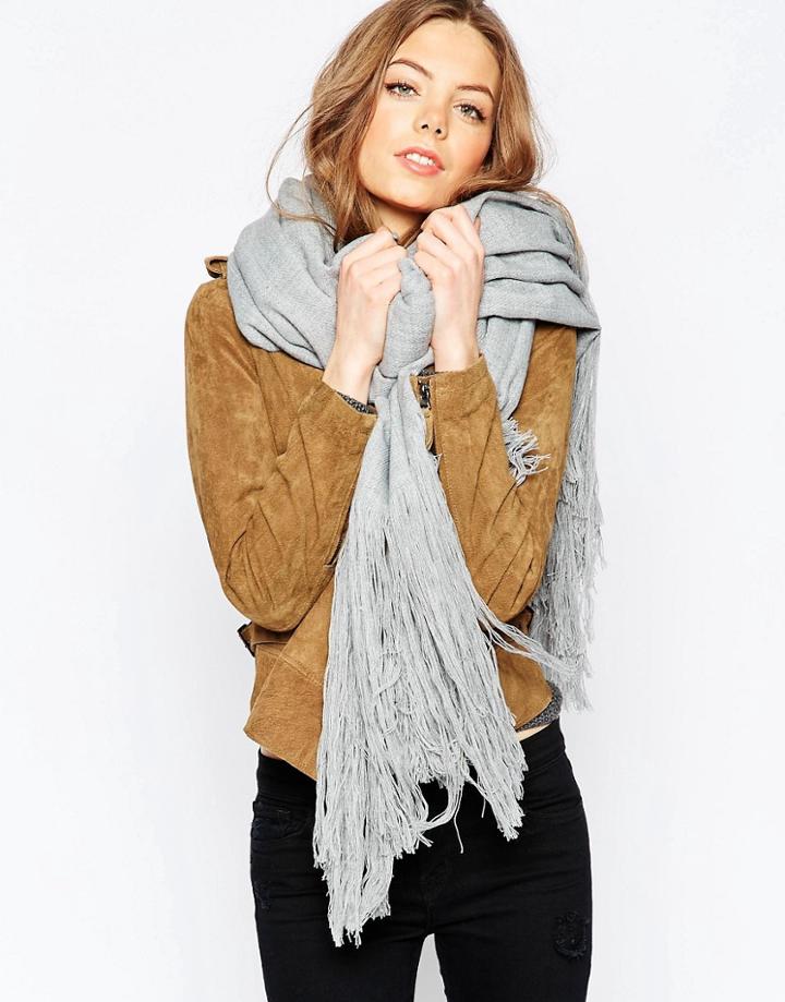 Asos Oversized Woven Scarf With Extra Long Fringe - Gray