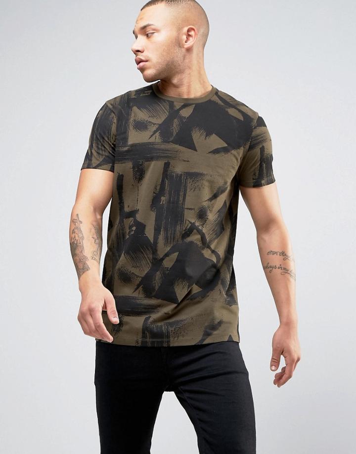 Asos T-shirt With All Over Paint Stroke Print - Green