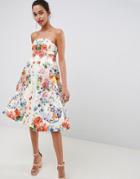 Asos Design Bandeau Floral Midi Trapeze Prom Dress - Multi