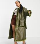 Asos Design Curve Faux Shearling Oversized Coat With Funnel Neck And Detachable Scarf-green