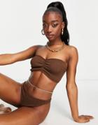 Asos Design Mix And Match Crinkle Ruched Bandeau Bikini Top In Chocolate Brown