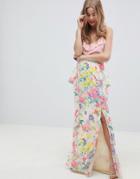 Asos Design Button Back Floral Maxi Skirt With Peplum - Multi