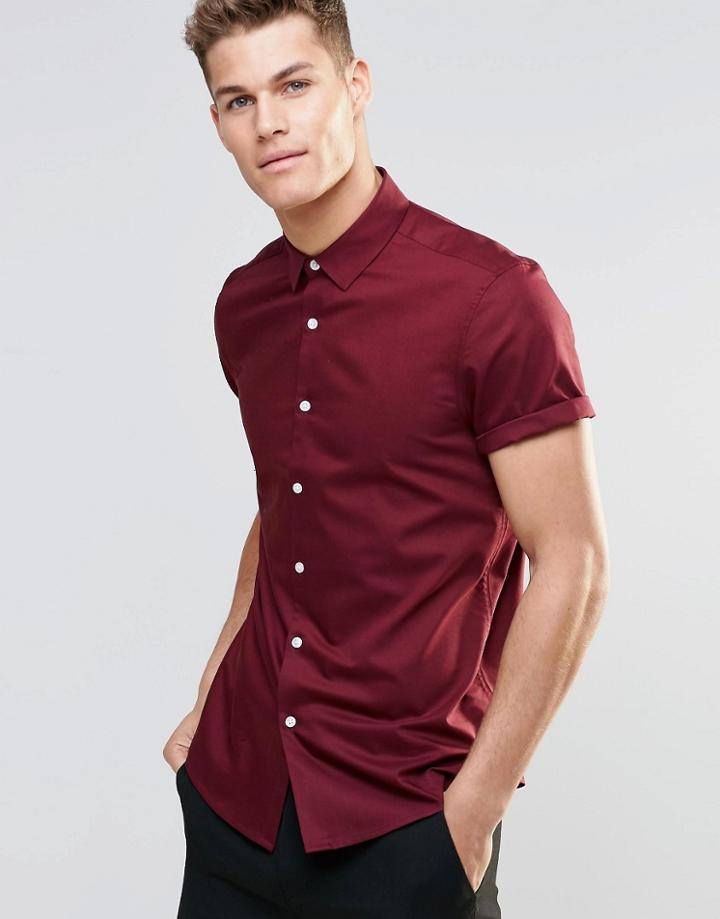 Asos Oxford Shirt In Burgundy With Short Sleeves In Regular Fit - Burgundy