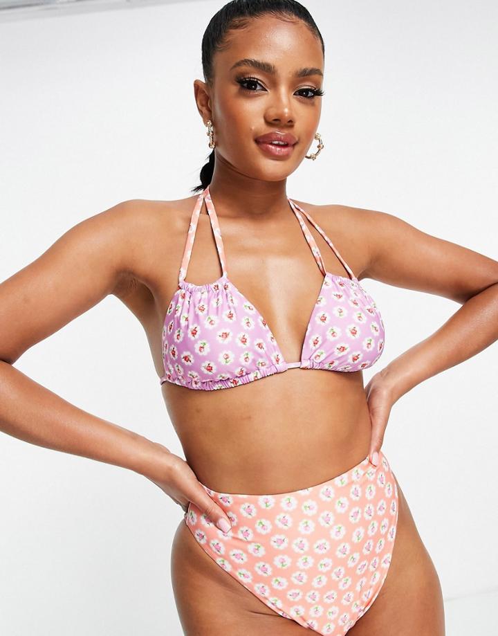 Asos Design Halter Bikini Top In Mixed Ditsy Floral Print-multi