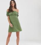 Asos Design Tall Off Shoulder Mini Sundress With Ruched Bust-green