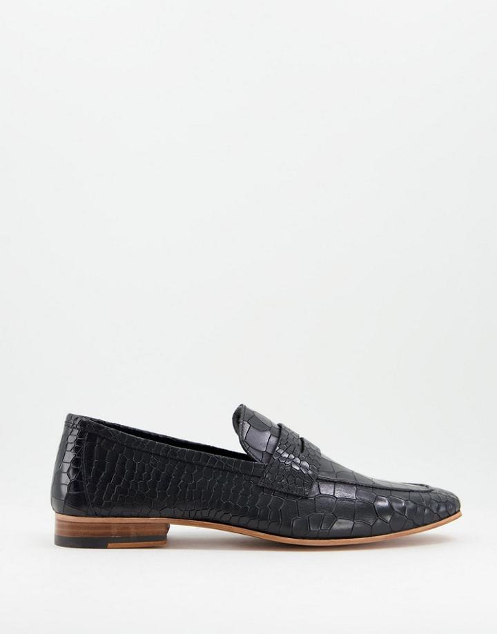 Walk London Capri Penny Loafers In Croc Embossed Black Leather