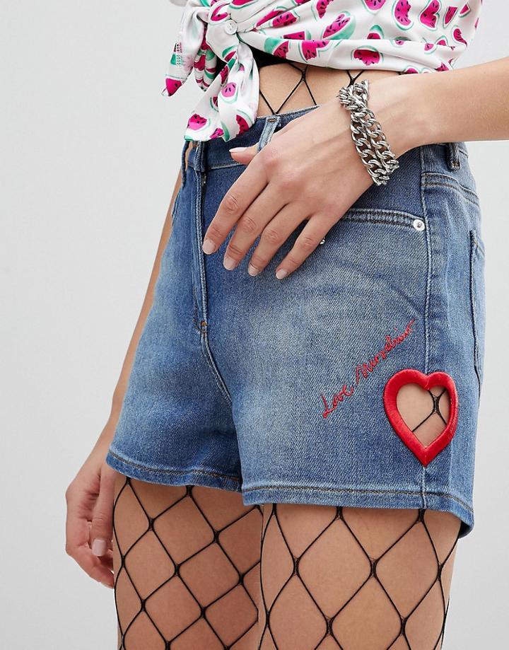Love Moschino Embroidered Icon Denim Shorts - Blue