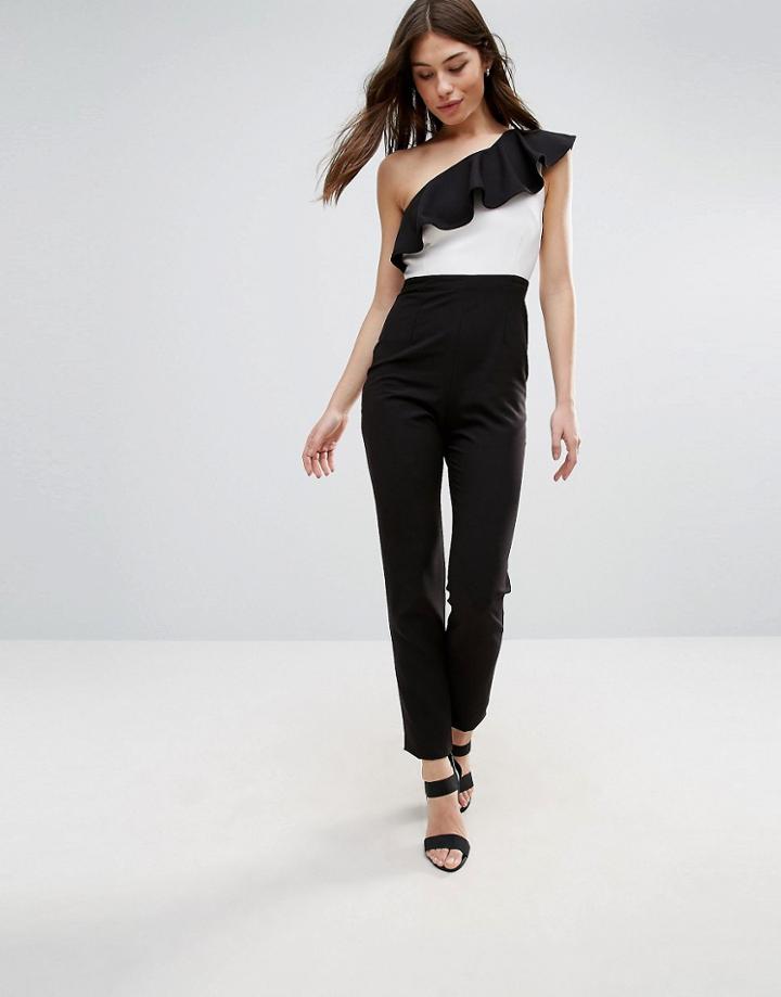 Vesper One Shoulder Jumpsuit With Contrast Frill - Black