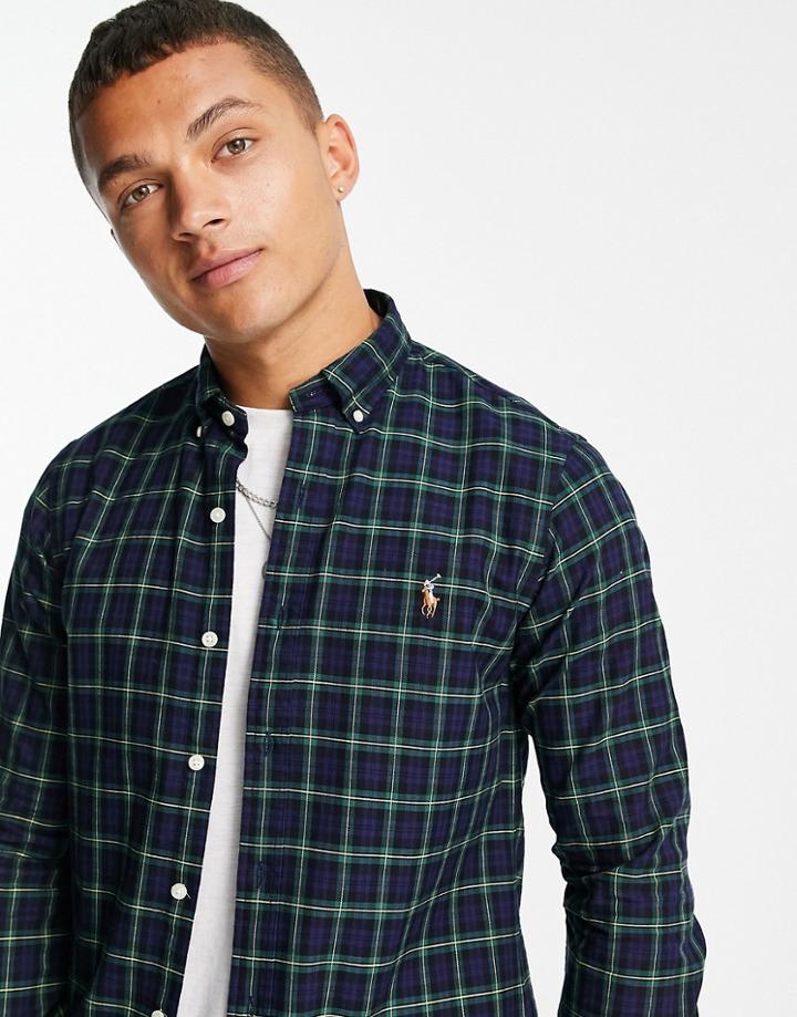 Polo Ralph Lauren Icon Logo Slim Fit Check Oxford Shirt Button Down In Navy