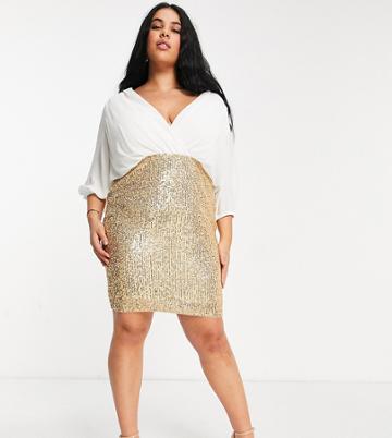 Jaded Rose Plus Wrap Blouse 2-in-1 Sequin Skirt Dress In White And Gold