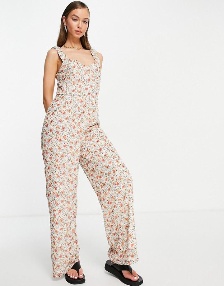 Vila Floral Wide Leg Jumpsuit With Shoulder Detail-multi