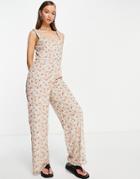 Vila Floral Wide Leg Jumpsuit With Shoulder Detail-multi