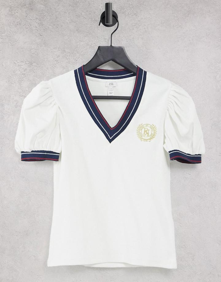 River Island Collegiate Badge Ribbed V-neck Top In White