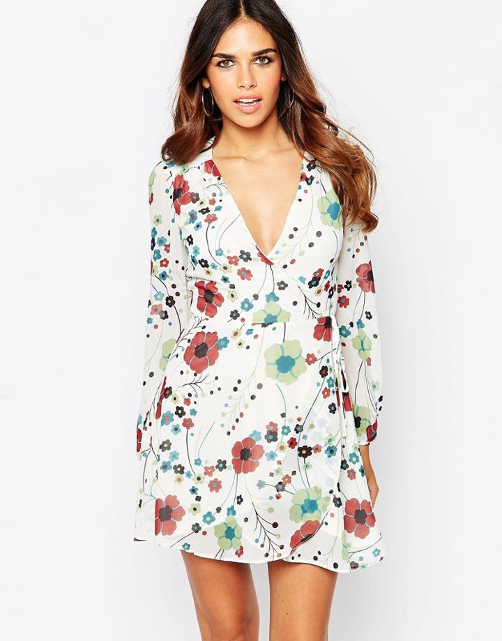 Asos Wrap Mini Dress With Blouson Sleeve In Floral Print - Multi