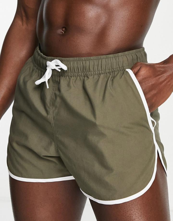 Asos Design Runner Swim Shorts In Khaki With White Binding-green