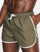 Asos Design Runner Swim Shorts In Khaki With White Binding-green