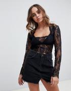 Motel Long Sleeved Square Neck Lace Top - Black