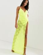 Asos Design Neon Lace Maxi Dress With Thigh High Split-green