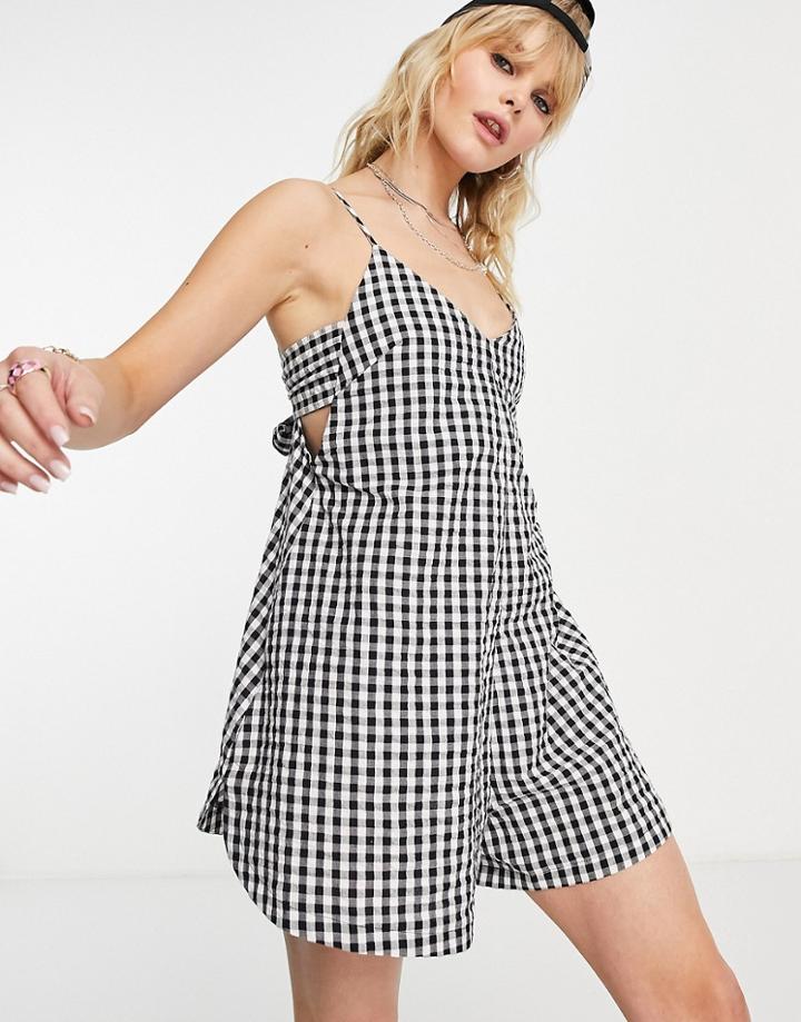 Topshop Tie Back Gingham Romper In Mono-multi