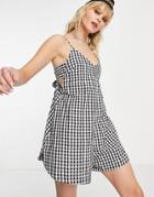 Topshop Tie Back Gingham Romper In Mono-multi