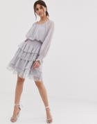 True Decadence Premium Square Neck Dress With Ruffle And Lace Tiered Skirt In Lilac Gray - Gray