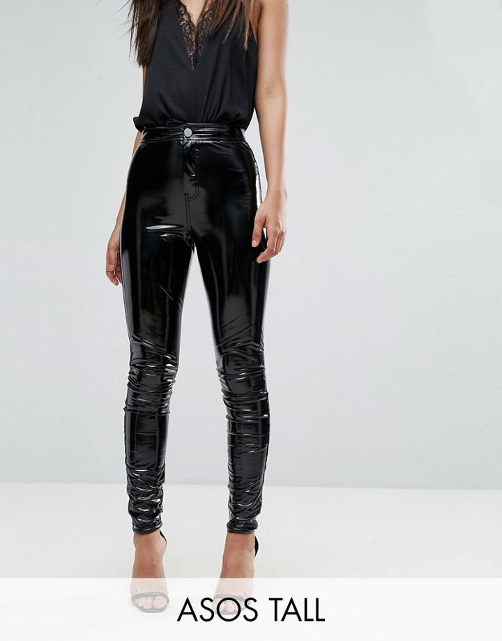 Asos Tall Rivington High Waisted Denim Jegging In Vinyl Effect - Black