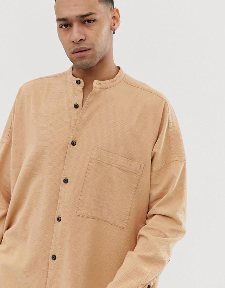Asos Design Oversized Textured Grandad Collar Long Line Shirt In Tan - Tan
