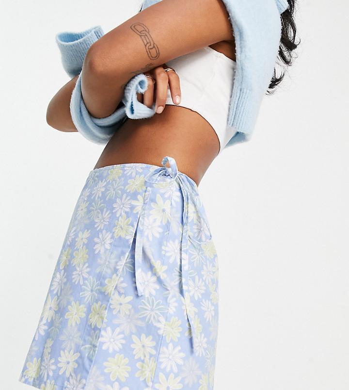 Asos Design Petite Wrap Poplin Skort In Blue Floral Print-multi