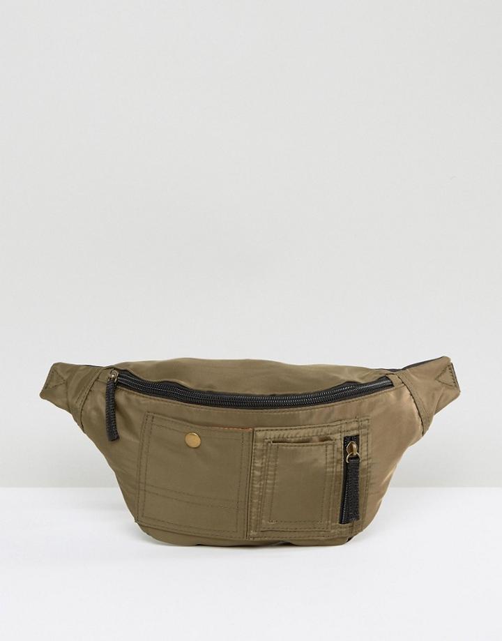 Asos Bomber Fanny Pack In Khaki With Orange Internals - Green