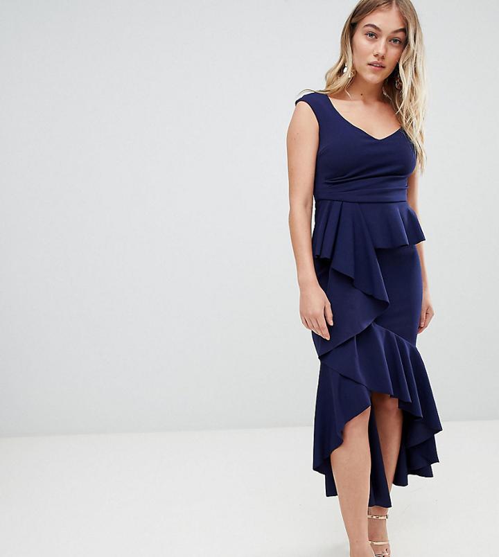 City Goddess Petite Waterfall Pleated Maxi Dress-navy