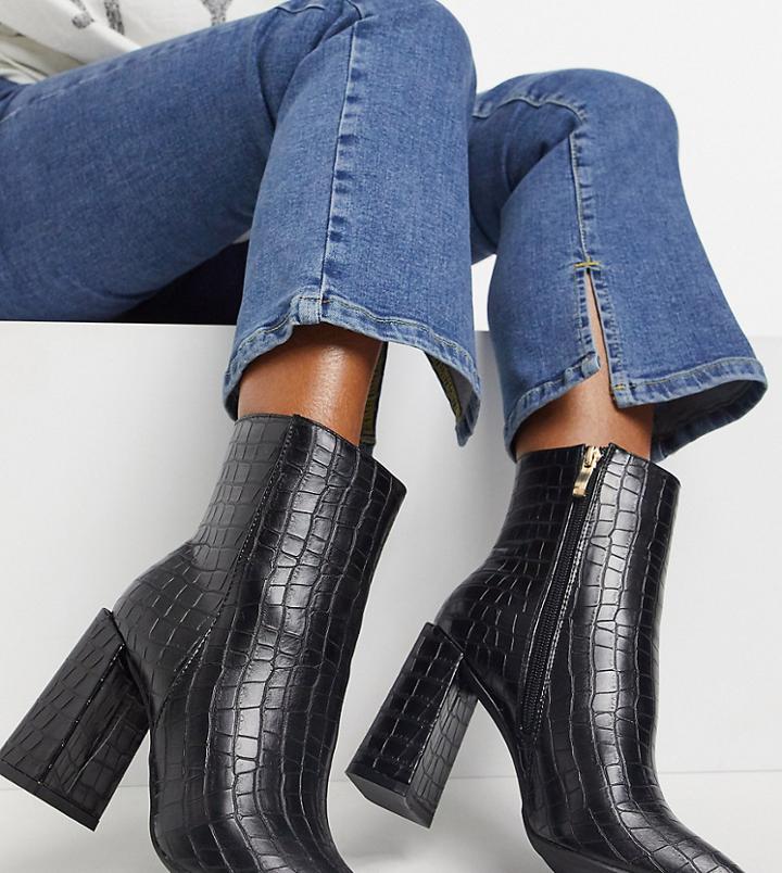 Glamorous Wide Fit Clean Boot With Square Toe In Black Croc