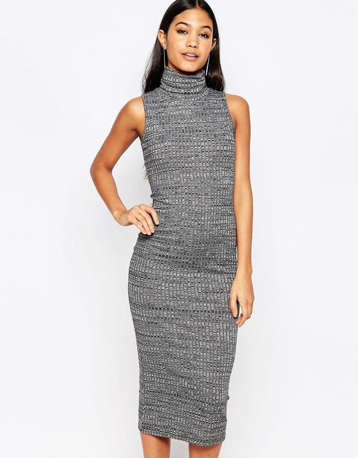 Club L High Neck Marl Rib Detail Bodycon Midi Dress - Black