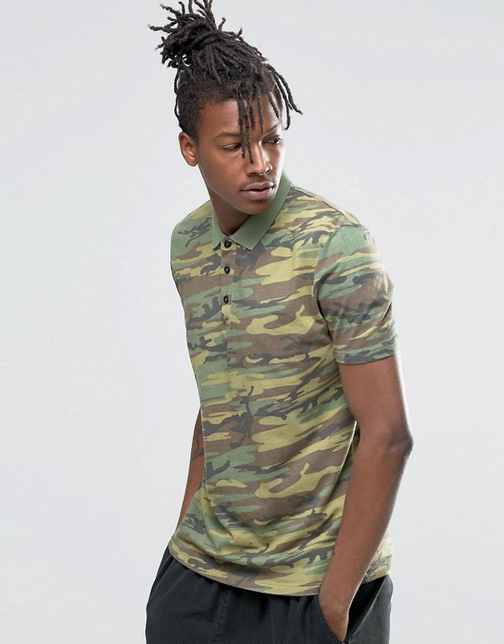 Asos Polo Shirt With Vintage Camo Print - Green