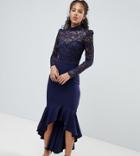 City Goddess Tall Long Sleeve High Neck Fishtail Maxi Dress With Lace Detail - Navy