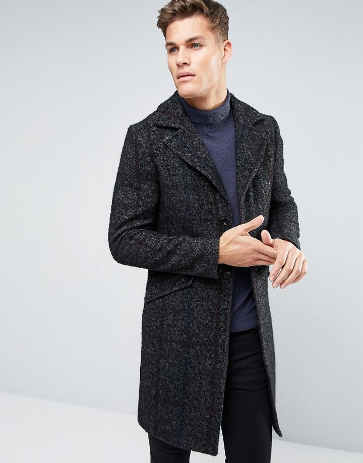 Sisley Wool Overcoat With Stripe Herringbone Detail - Gray