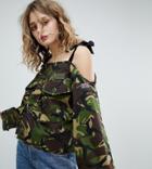 Milk It Vintage Off Shoulder Camo Shirt With Velvet Ties - Green