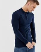 Asos Design Muscle Fit Long Sleeve Polo With Stretch In Navy - Navy