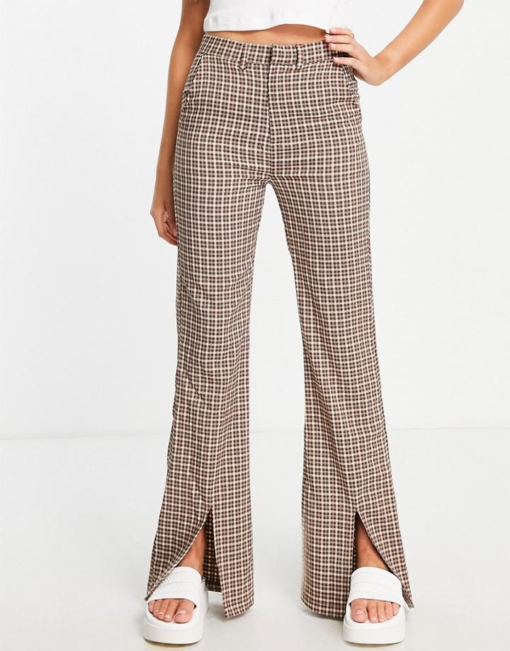 Daisy Street Straight Leg Pants With Slit Hem In Vintage Plaid-multi