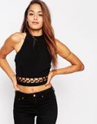 Asos Ring Detail Cropped High Neck Top - Black